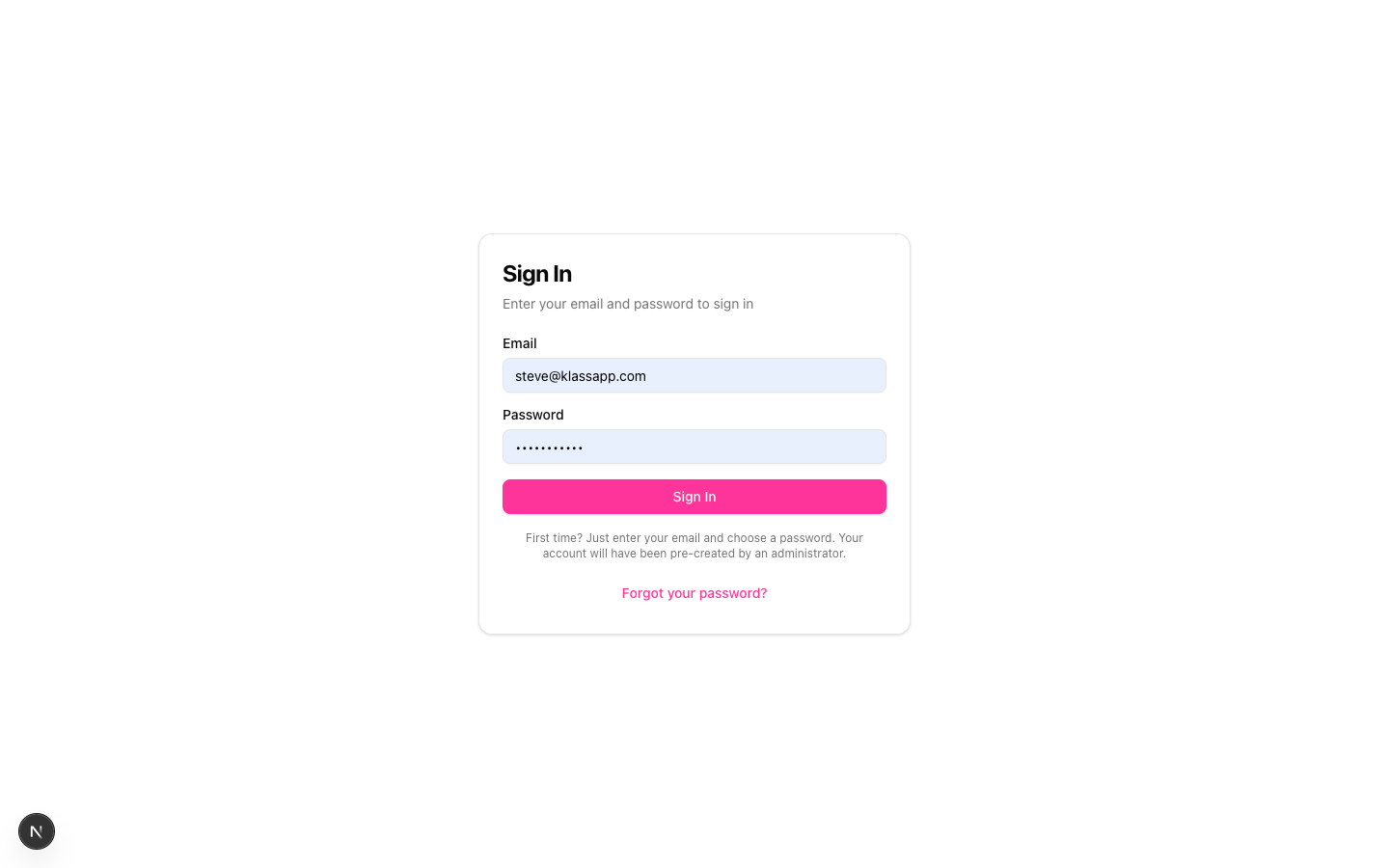 Login page