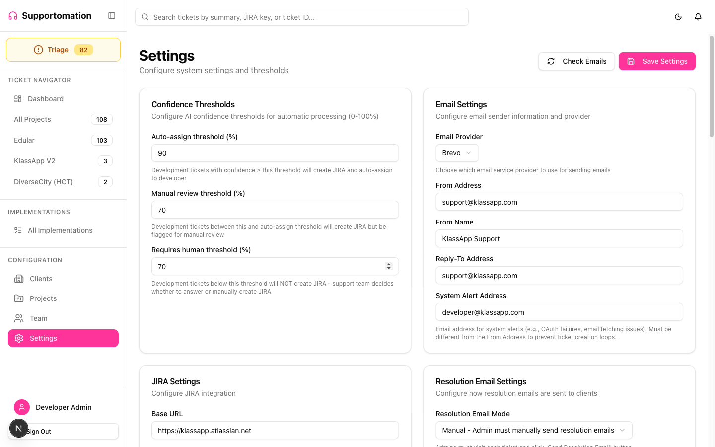 Settings page